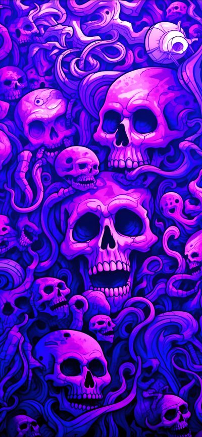 a bunch of skulls that are in the water Halloween Skull Purple Custom Gothic Purple, Halloween Party Decoration Inspiration, Halloween Skull Design, medium blue