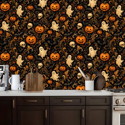 a kitchen wall with halloween pumpkins and ghostes on it's back ground Halloween Kitchen Renter Friendly, Halloween Paper, Accent, Kitchen Wall Decor, The Holiday Aisle, black