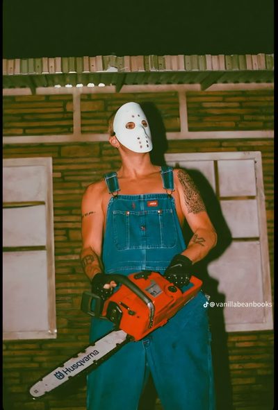 a man in overalls holding a chainsaw and wearing a mask on his face Eminem Halloween Eminem Jason Outfit, Eminem The Rapper Costume, The Real Slim Shady Costume, dark olive green