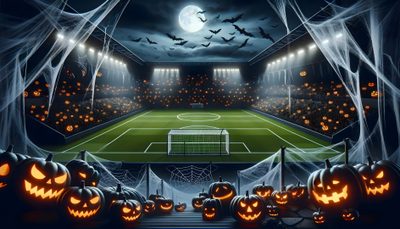 a soccer field with pumpkins and bats in the foreground is lit up at night Halloween Soccer Football Stadiums, Halloween, dark slate gray