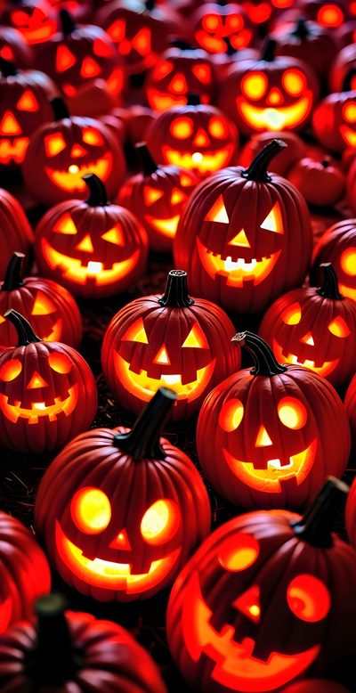 many carved pumpkins with glowing faces on them Scary Halloween Pumpkin Halloween Iphone Pumpkins, Orange Halloween, Halloween Background Orange Aesthetic, maroon