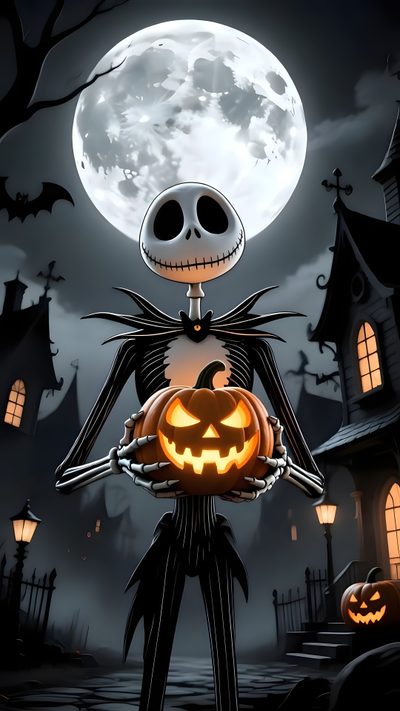 a cartoon skeleton holding a jack - o'- lantern in front of a full moon Tim Burton Halloween Jack The Pumpkin King, Pumpkin King, Jack Skeleton, dark slate gray