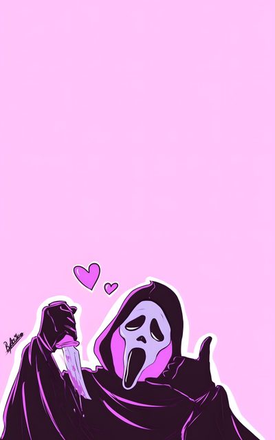 a drawing of a person wearing a mask and holding a knife in front of a pink background Cute Halloween Ghostface Kawaii Scream, Scream Aesthetic Pink, Ghost Face Background Pink, lavender