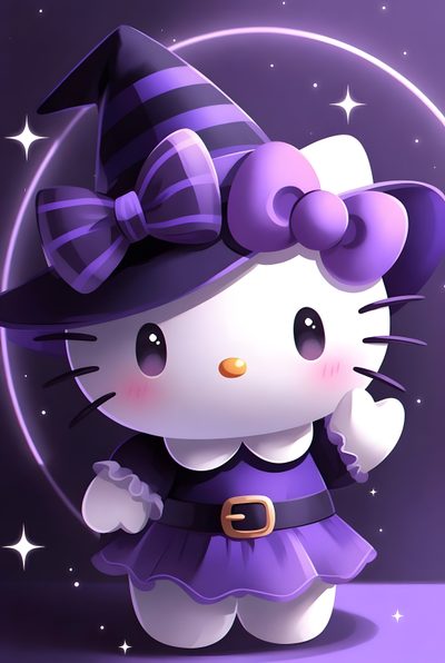 a cartoon hello kitty dressed up as a witch with her hand on her hip while standing in front of a purple background Halloween Kitty Lilac Custom Hello Kitty, Kitty, Halloween, dark slate blue