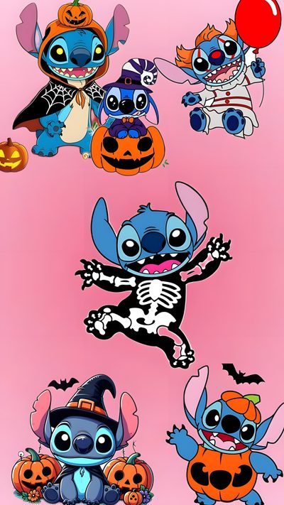 some cartoon characters with pumpkins and bats Halloween Stitch And Angel Halloween Stitch And Angel, Stitch Halloween Iphone, Lilo And Stitch Halloween, hot pink