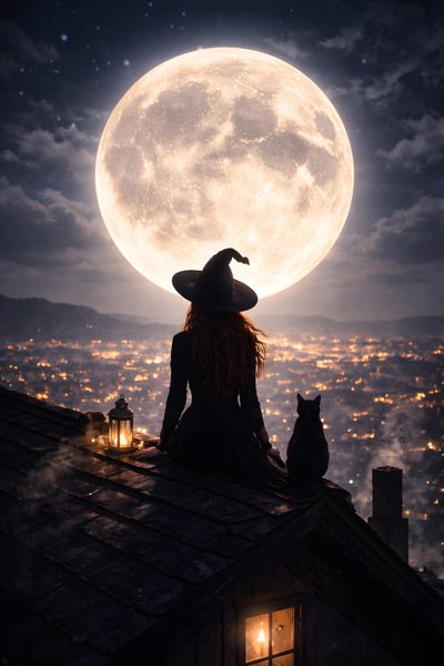 a woman sitting on top of a roof next to a cat under a full moon Gothic Halloween Witch Witch Pictures, Tolkien Art, Header Pictures, Vibes Art, dark slate gray