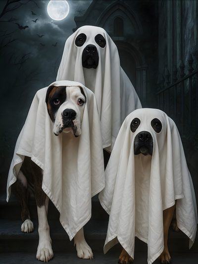 two dogs dressed up in ghost costumes Halloween Boxer Dog Dogs Halloween, Funny Halloween Dog Photo, Boxer Dog Costume, dark slate gray