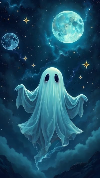 a painting of a ghost floating in the sky Halloween - Ghost Mood - Aqua Whimsy Ghost, Happy Halloween Pictures, Brooklyn Style, dark slate gray