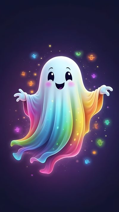 a ghost floating in the air with his arms out and eyes open, while glowing stars are Rainbow Halloween Purple Halloween Boo, Boo Images Cute, Purple Rainbow Ghost, Boo Ghost, midnight blue