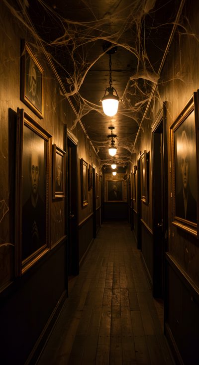 an empty hallway with paintings and lights hanging from the ceiling Halloween Hallway Haunted Hallway Decor, Haunted Hallway Scene, Haunted House Inside, black