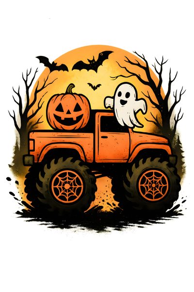 an orange truck with pumpkins and ghost on it Halloween Jeep Cute Halloween, Wood Art, Halloween Decorations, Coloring Pages, Halloween, Color, white