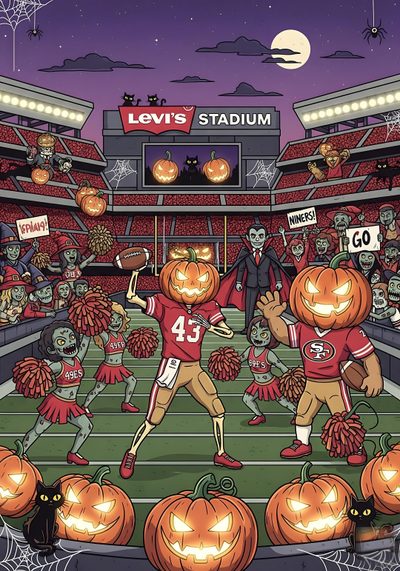 an image of a football game with pumpkins on the field Nfl Halloween Chiefs Pumpkin Painting, Chiefs Pumpkin, Kansas City Chiefs Pumpkin, dim gray