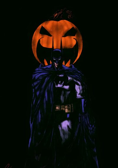 a batman standing in front of a pumpkin Dc Comics Halloween Dark Knight, Batman Halloween Pfp, Batman Inspired, Batman Universe, Batman, black
