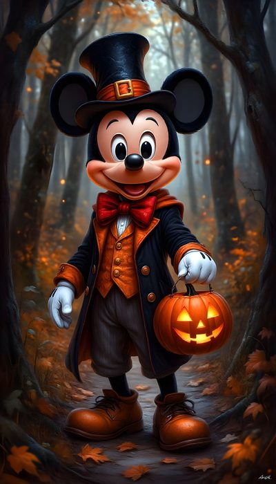 mickey mouse dressed up as a pumpkin in the woods with a jack - o'- lantern Mickey Mouse Halloween Hd Painting Inspiration, Halloween, black