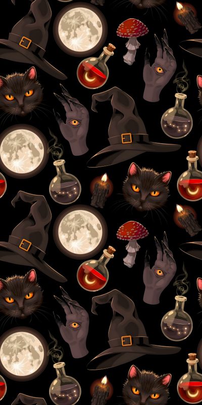 a black cat is surrounded by witches and full moon Halloween Fabric Cat Bones Witch And Witchy Halloween Iphone, Halloween Witchy, Witchy Halloween Background, black