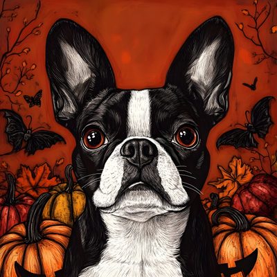 a painting of a boston terrier surrounded by pumpkins Halloween Boston Terrier Boston Terrier Art Illustrations, Boston Terrier Anime, Boston Terrier Autumn Scene, saddle brown
