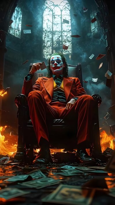 the joker is sitting in a chair surrounded by fire and paper flying from his mouth Halloween Live Joker 3d, Joker Photos Hd, Hahaha Joker, Joker Videos, Joker Photos, Ghost Rider, black
