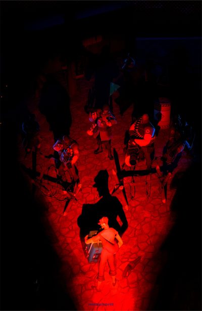 a group of people standing around in the dark with red lights on them and one person holding a cell phone Tf2 Halloween Dark Tf2, Tf2 Scout, Tf2 Halloween, Dark Tf2 Background, Tf2 Movie Poster, black