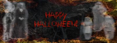 an image of happy halloween written on the side of a wall with creepy figures in it Halloween Fb Facebook Cover Photos Halloween, Scary Facebook Cover Photos, Horror Facebook Cover Photos, dark slate gray