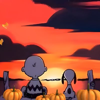 a charlie brown pumpkin patch sitting in front of a sunset with two jack - o'- lanterns Snoopy Halloween Gif Snoopy Foggy Day, Snoopy Pumpkin Patch Gif, Great Pumpkin Gifs, tomato