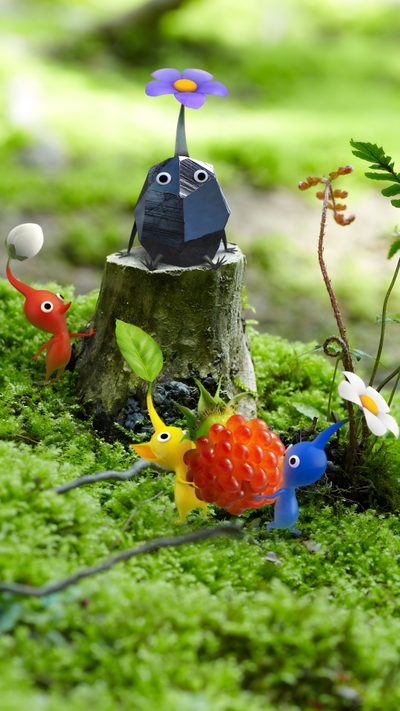 small plastic figurines sitting on top of a moss covered ground next to a tree stump Pikmin Halloween Rock Pikmin, Pikmin Aesthetic, Pikmin Poster, Pikmin Life, Pikmin Bloom, olive drab