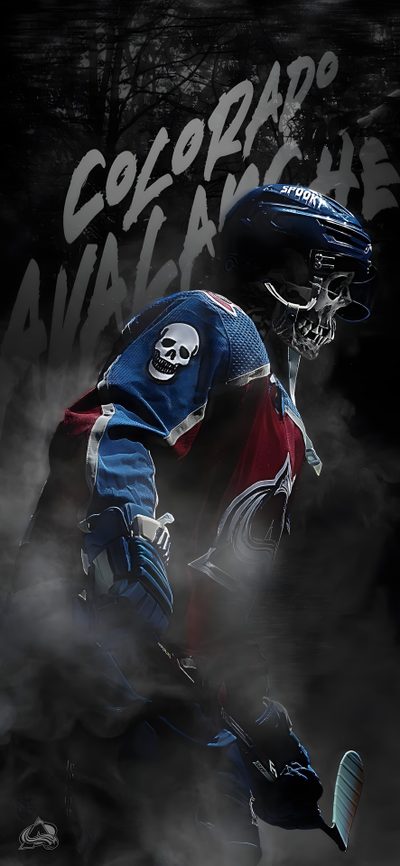 an image of a hockey player in the air with his helmet on and skully face Hockey Halloween Colorado Avalanche Hockey Art, Creative Sports Poster Inspiration, Hockey Fan Gift Ideas, black