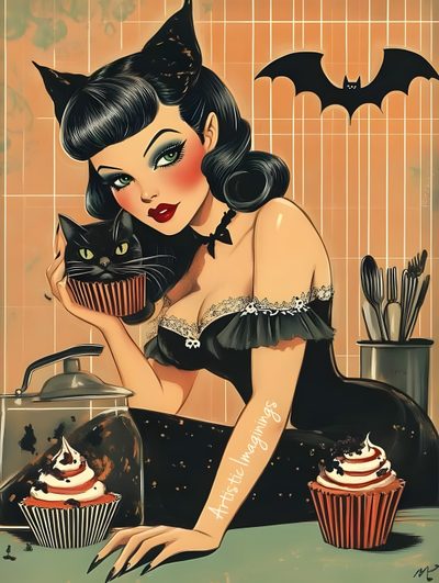 a painting of a woman holding a cat and cupcakes in front of her Pinup Halloween Pinup Halloween, Halloween Pin Up Art, Halloween Pin Up, Retro Witch, peru