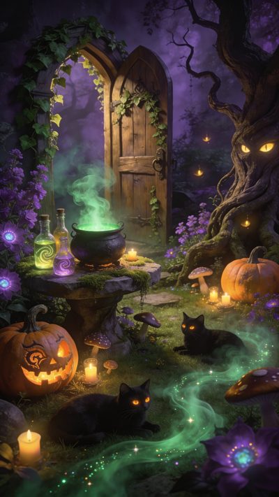 halloween scene with pumpkins and witches in the forest, cats sitting on the ground Enchanted Halloween Gothic Halloween Decorations, Fall Festival Decorations, Creative Halloween Decorations, dark slate gray