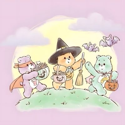 three teddy bears dressed up as witches and one is holding a broom while the other holds a pumpkin Aesthetic Halloween Care Bear Care Bear Halloween, Carebear Halloween, Care Bears Halloween, gainsboro