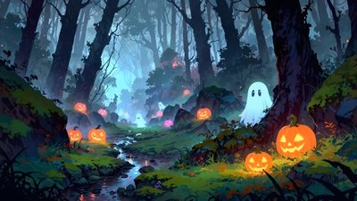 halloween pumpkins in the woods with water running through them and glowing eyes on their faces Halloween Banner With Forest Enchanted Wood, Halloween For Pc, Chibi Characters, dark slate gray
