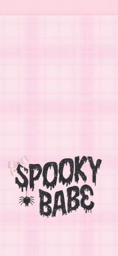 the words spooky babe are written in black ink on a pink plaid background Pink Halloween Words Custom Pink Spooky Iphone, Spooky Girly, Halloween Plaid, misty rose