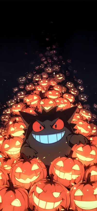 an animated image of a cat surrounded by pumpkins with glowing eyes and teeth on them Halloween Pokémon Wow Art, Rayquaza Pokemon, Pokemon Halloween, Pokemon Backgrounds, dark slate gray