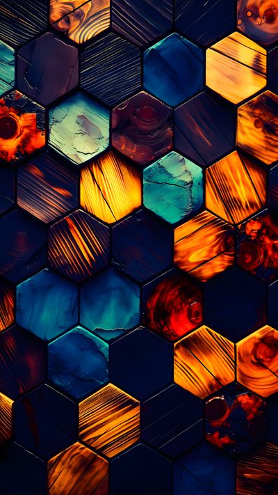 an abstract image of hexagons with different colors and patterns on them, as well as the background Halloween Hexagon Color, black