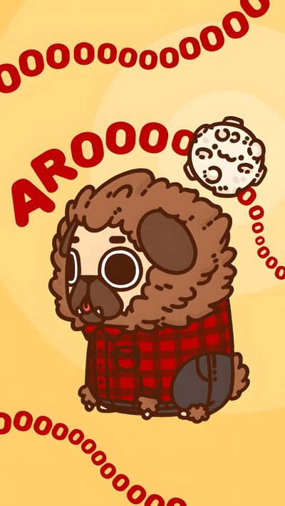 a poster with a koala wearing a plaid shirt and holding a cookie in its mouth Halloween Pug Clear Vinyl Stickers, Pug Life, Pug, Halloween, Free, Bubble Tea, dark slate blue