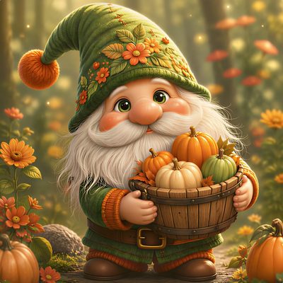 a painting of a gnome holding a basket full of pumpkins in a forest with sunflowers Halloween Gnomes Fall Gnomes, Gnome Fall, Autumn Gnomes Painting, Fall Gnome Phone, Fall Nomes, sienna