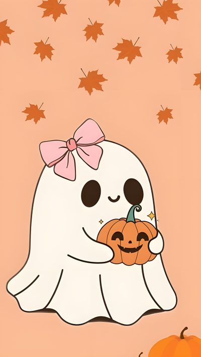 a cartoon ghost holding a pumpkin in front of some leaves and falling down on the ground Cute Halloween For Car Seat Cute Halloween For Ipad, Cute Halloween Bow, Halloween Bow Iphone, burlywood