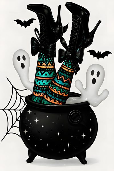 two black shoes sitting on top of a caulder with ghost legs and bats Happy Halloween Stockings Halloween Witch Shoe Illustration, Witch Legs In Cauldron Illustration, Halloween Witch Cauldron, light gray