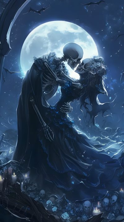 a skeleton hugging a woman in front of a full moon with skulls on the ground Halloween Couple Iphone Clair De Lune, Constellations, Gothic Love, Free Download, dark slate gray