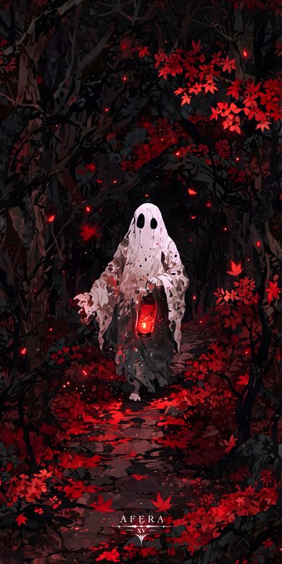 a creepy ghost walking through a forest filled with red leaves Dark Halloween Anime Geist, Ghost Iphone, Dark Ghost, Ghost Forest, Iphone Ghost, Ghost Scary Aesthetic, black