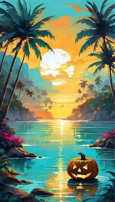 a pumpkin sitting on top of a lake surrounded by palm trees at sunset with the moon in the sky Halloween Tropical Hot Ghoul Summer Background, Summer Ween, Halloween Summer, Summer Spooky, sea green