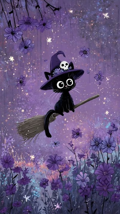 a painting of a black cat flying on a broom Halloween Kitty Lilac Custom Witch Background, Cute Halloween Black Cat, Halloween Kitty, dim gray