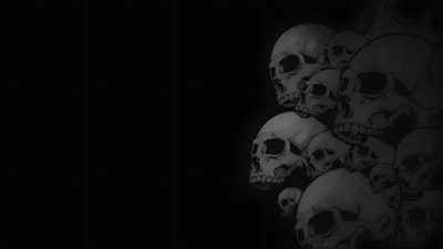 a bunch of skulls sitting in the dark with one skull on its head and another behind it Halloween Black 16x9, Black Computer, Black Gaming For Pc, Dark Background For Pc, Skull Ipad,