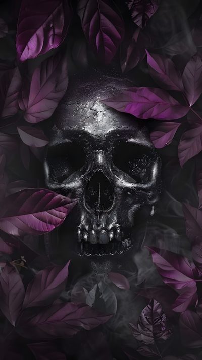 a skull is surrounded by purple leaves Halloween Skull Purple Custom Background Skull And Flowers, Skull And Flowers Background, Skull And Flower, black