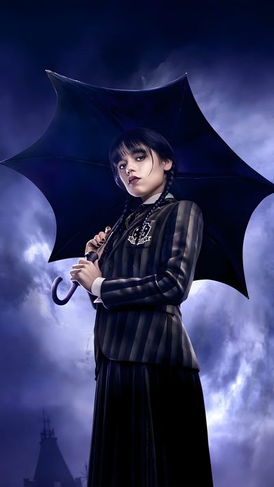 a woman holding an umbrella in front of a cloudy sky Wednesday Addams Halloween Wednesday Addams With Umbrella, Wednesday Netflix Logo Png, Wednesday Addams For Laptop, midnight blue