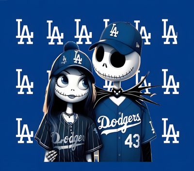 the los angeles dodgers are dressed up as jack and sally in front of a blue background Dodgers Halloween Dodgers Party, Nightmare Before Christmas Pictures, Let's Go Dodgers, midnight blue