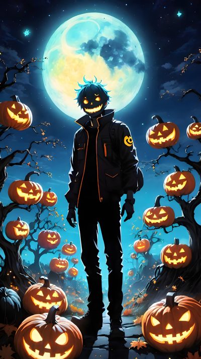 a man standing in front of pumpkins with the moon behind him and trees full of jack - o'- lanterns Halloween Boy Cricut, Jack O Lantern Man, Phone, Scary Pumpkin, Jack The Pumpkin King, dark slate gray