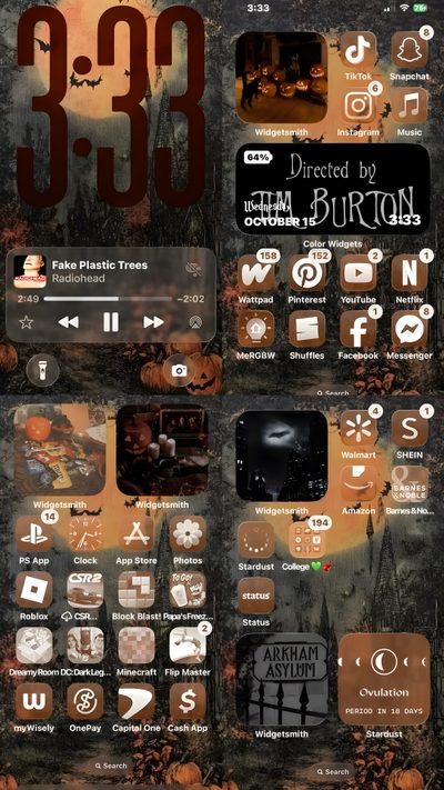 an image of the back side of a cell phone with many different icons on it Ios 26 Halloween Spooky Homescreen, Ios, Halloween, Phone Widgets Halloween, dark slate gray