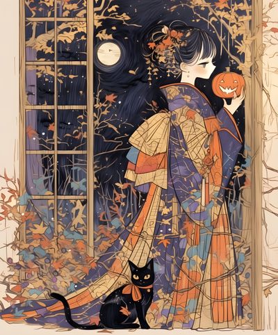 an illustration of a woman and her cat in front of a window with pumpkins on it Japanese Halloween Halloween, gray