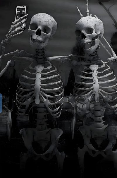 two skeletons holding cell phones in their hands Best Friend Halloween Aesthetic Skeleton Friends, Aesthetic Pictures Skeleton, Skeleton Friends Aesthetic, dark slate gray