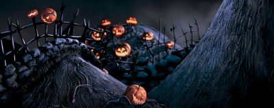 a group of pumpkins sitting on top of a tree Halloween Town Gate Nightmare Before Christmas Horizontal, Nightmare Before Christmas Cover Photo, Nightmare Before Christmas Landscape, black